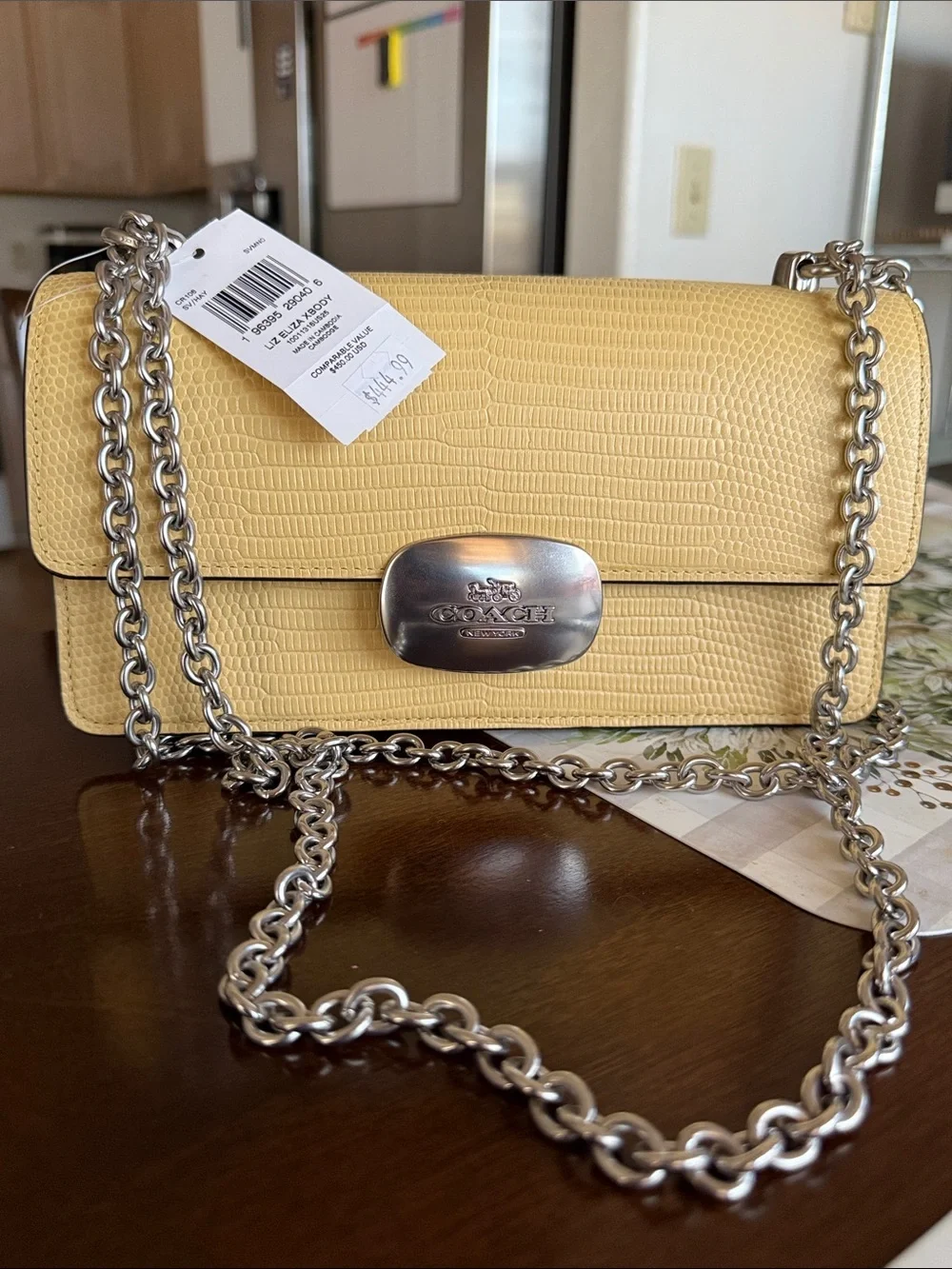 Coach Yellow Lizard-Embossed Leather Chain Crossbody Bag